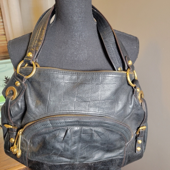 B MAKOWSKY BLACK PEBBLED LEATHER SATCHEL WITH GOLD CHUNKY HARDWARE - Picture 5 of 10